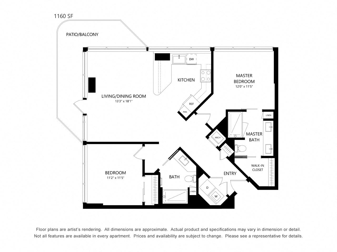 Floor plan for 2 beds, 2 baths, 1160 sqft